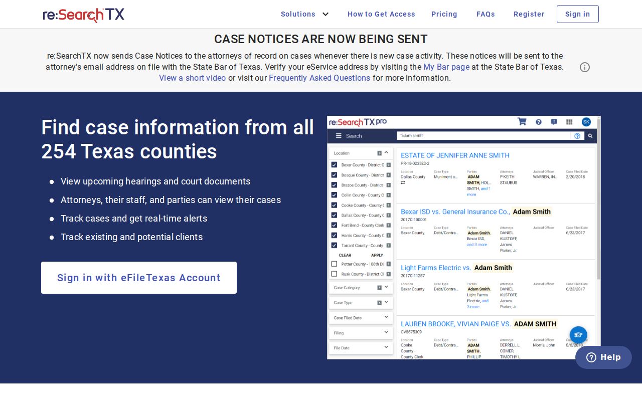 re:SearchTX statewide court case research portal