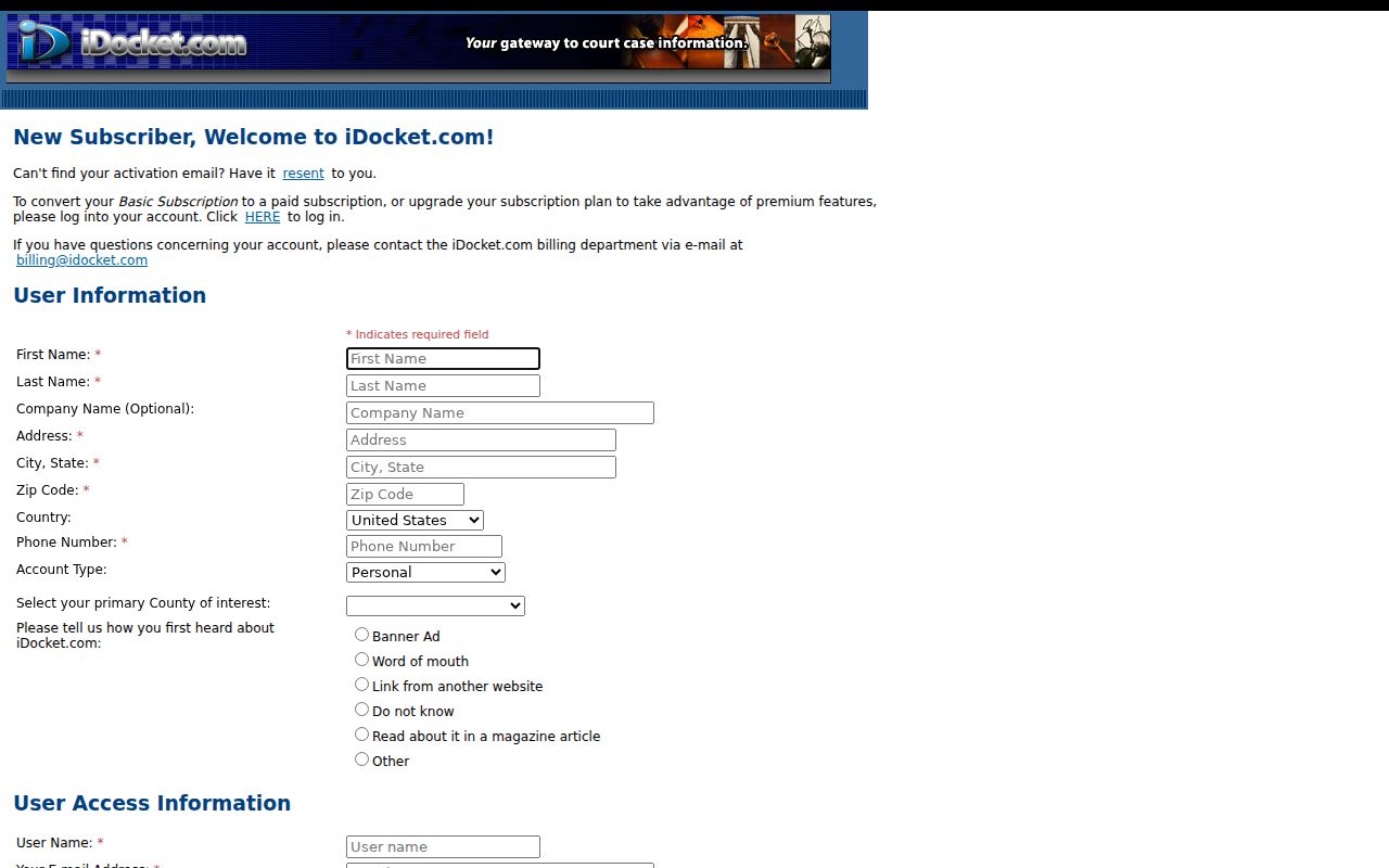 iDocket registration fields used for Hartley County case access