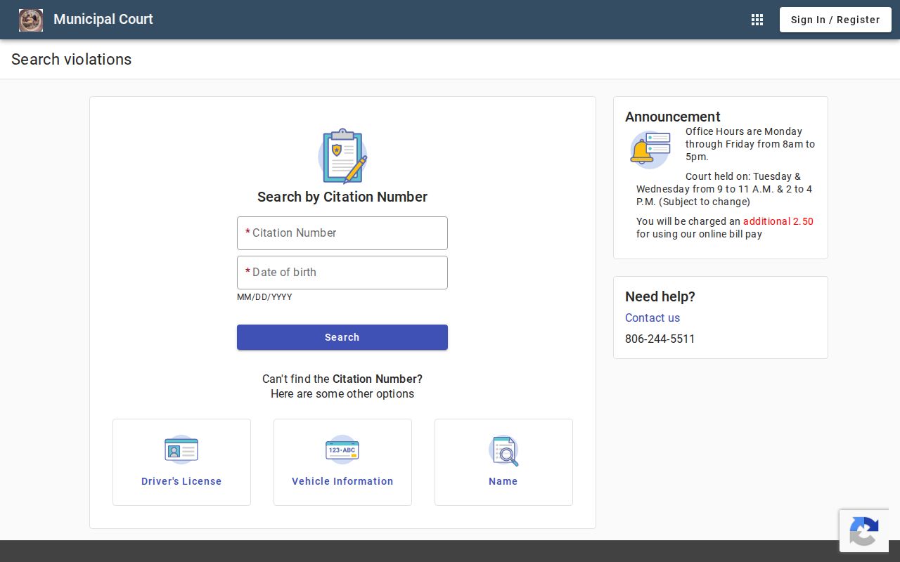 Hartley County traffic ticket search fields in Dalhart