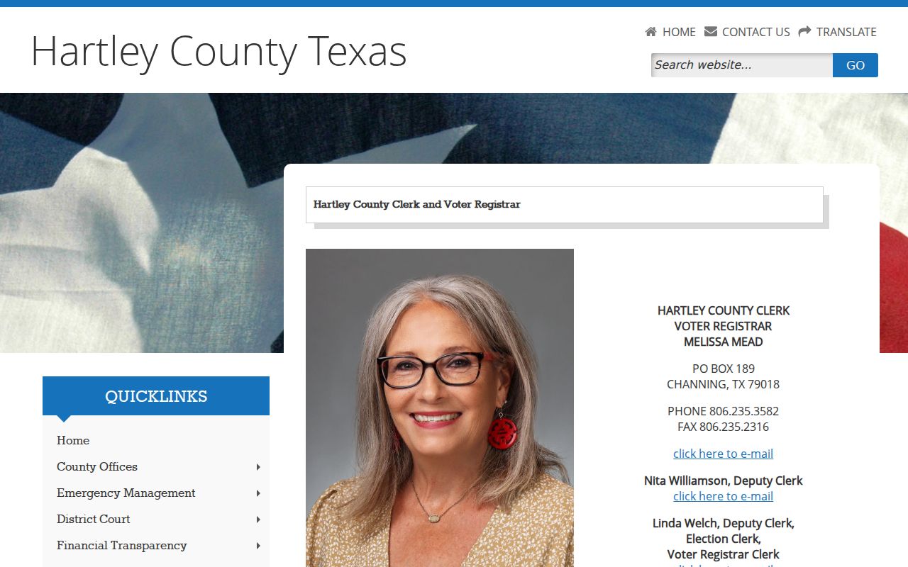 Hartley County Clerk page with court case, recording, and form links